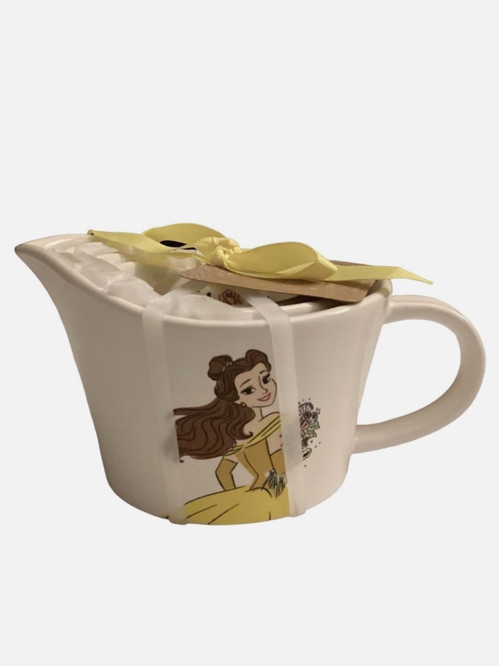 Rae Dunn White Ceramic Creamer with Yellow Ribbon and Belle Illustration